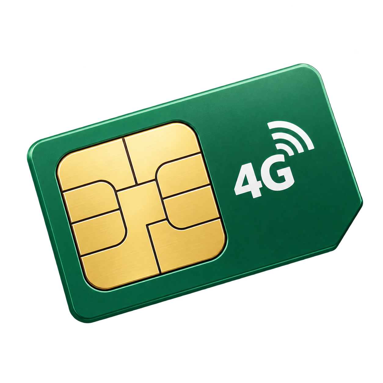 Roheline 4G SIM-kaart modernse kuldse kiibi ja signaaliikooniga, läbipaistval taustal